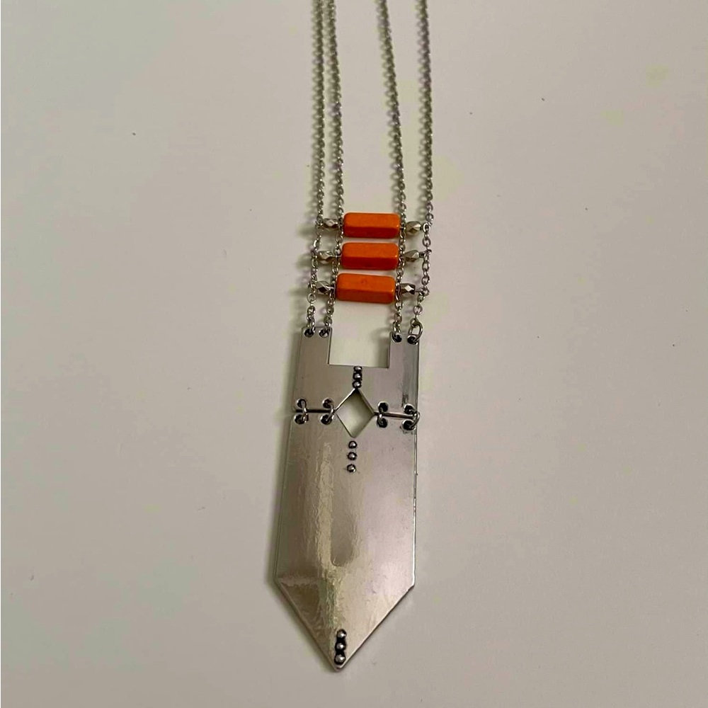 6/$20 Necklace, Native American Vibe, Long Double Chain, Pendant, Orange Beads